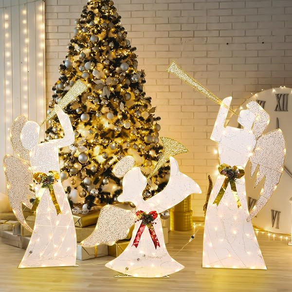 OUTDOOR CHRISTMAS ANGEL DECORATION CHRISTMAS LIGHTED 3 ANGELS PLAYING TRUMPET WITH HOLLY BERRIES DECORATION FOR XMAS HOME PATHWAY LAWN PARTY DISPLAY