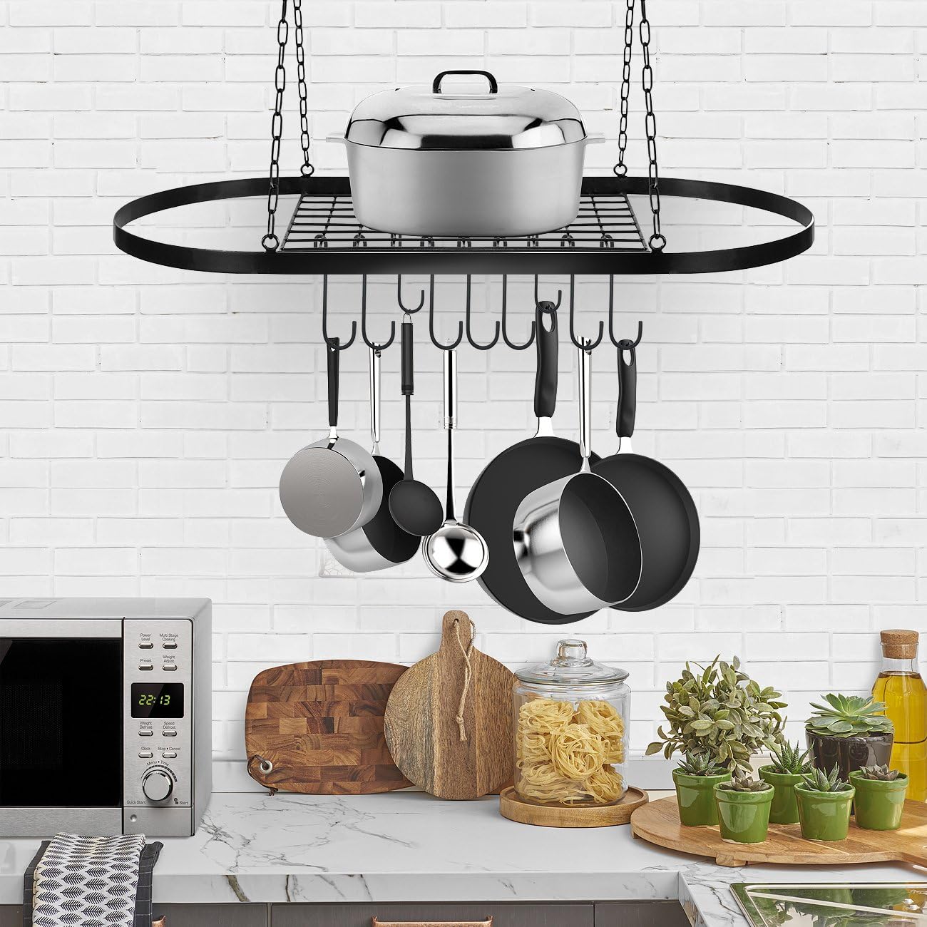 Sorbus Pot and Pan Rack for Ceiling with Hooks — Decorative Oval Mounted Storage Rack — Multi-Purpose Organizer for Home, Restaurant, Kitchen Cookware, Utensils, Books, Household (Hanging Black): Kitchen & Dining
