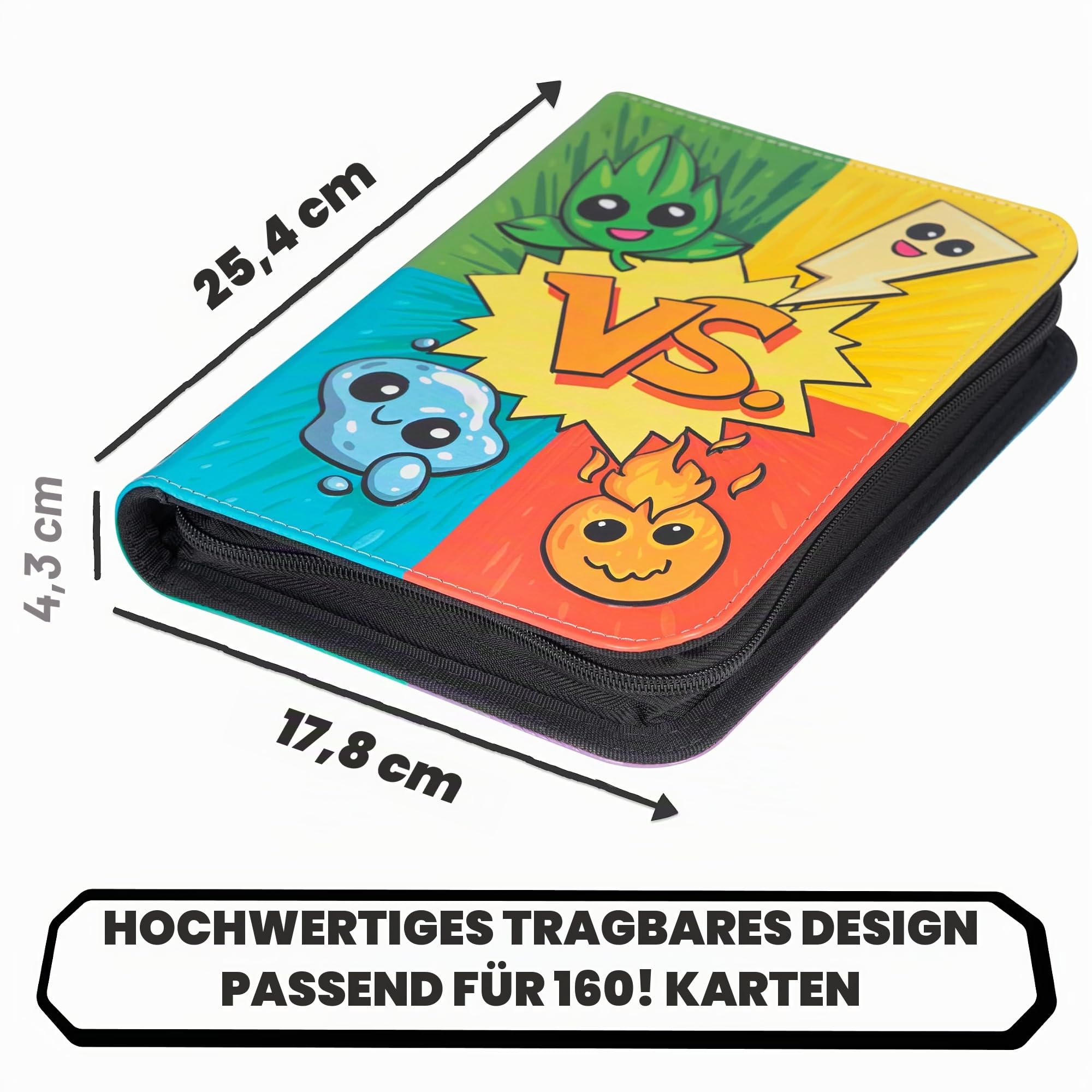 3D Sammelalbum für Pokemon Karten - Atemberaubendes 3D PKM Typen in PU-Leder mit Reißverschluss - Die Mappe/Heft enthält 4 Fächer für 160 Karten. A4 Sammelheft Album für Pokemon - Card Binder Klein 3