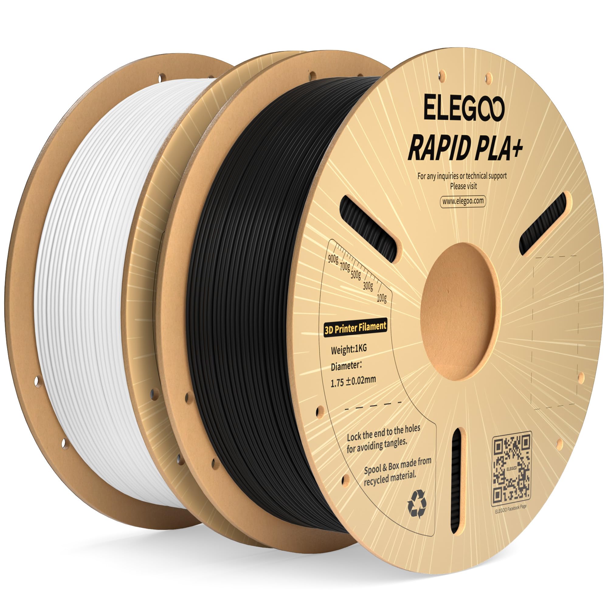 Photo 1 of ELEGOO Rapid PLA Plus Filament 1.75mm Black & White 2KG, PLA+ 3D Printer Filament for 30-600 mm/s High Speed Printing, Dimensional Accuracy +/- 0.02 mm, 2 Pack 1kg Spool(2.2lbs)
