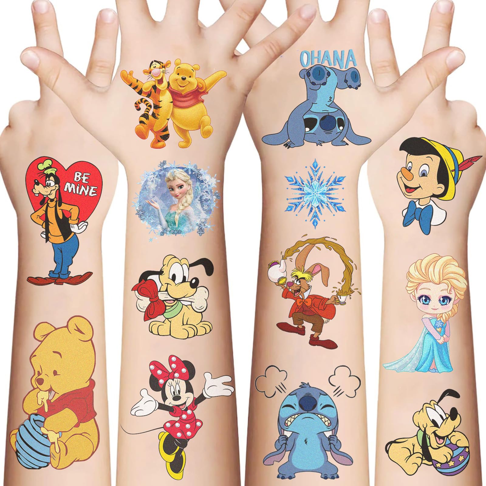 Photo 1 of 10 Sheets Disney Cartoon Temporary Tattoos for Kids, Princess Birthday Party Favors, Cute Cartoon Decoration Sticker Gifts for Teen Girl Boys Home Activity Class Prizes Carnival Christmas Rewards