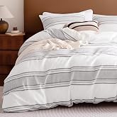 SLEEP ZONE Full Duvet Cover Set, Striped Lyocell Linen Blend, Dark Gray | Coastal Striped Style, 100% Cotton Reverse, Breatha