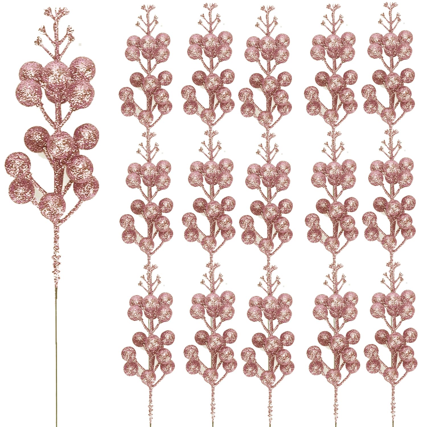 Pack of 16 Christmas Glitter Berry Stem, Artificial Berry Picks Holly Berries Branches for Christmas Tree Decoration Wreath Making Supplies DIY Crafts Holiday Season Winter Home Decor (Rose Gold)