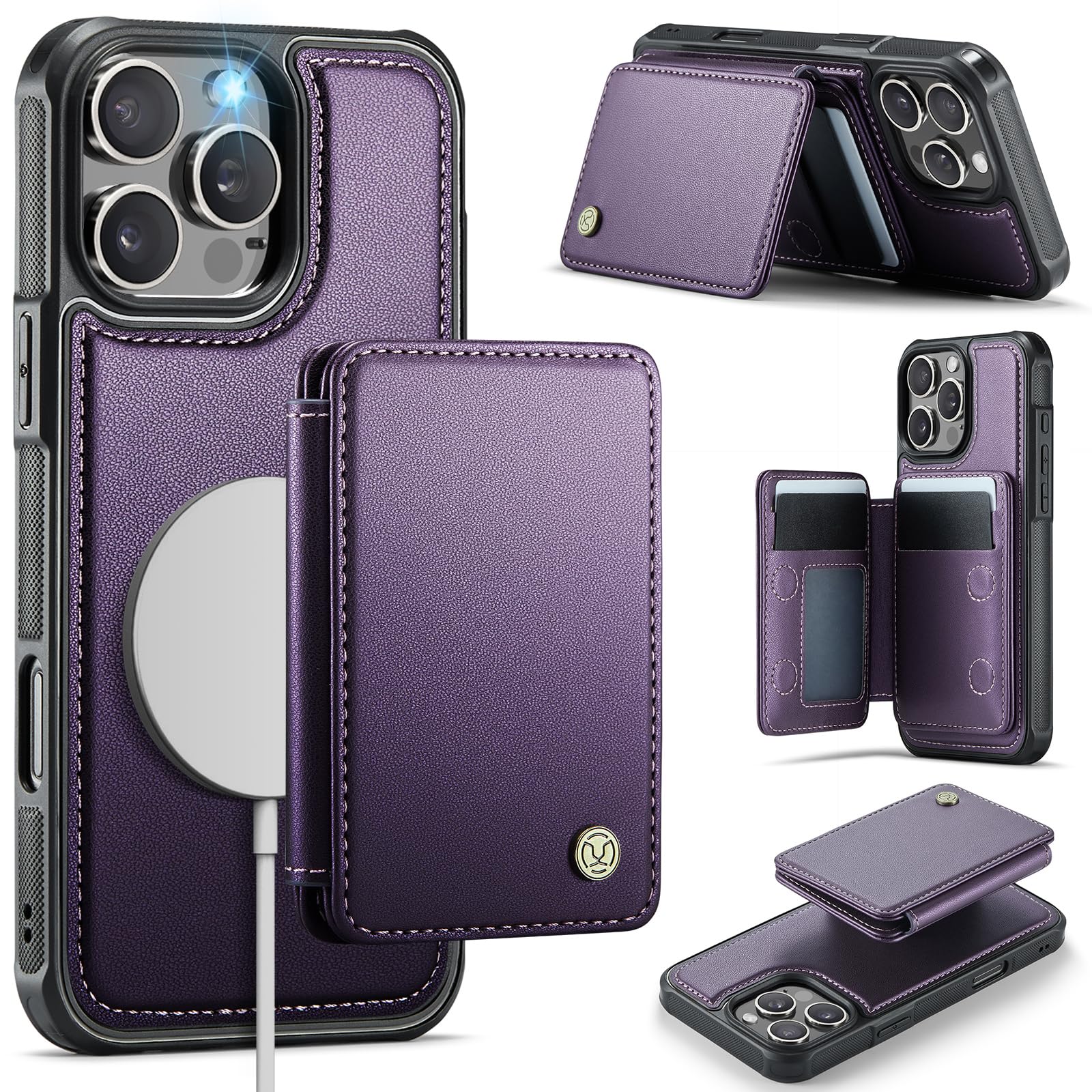 Photo 1 of Usroom Compatible with Magsafe for iPhone 16 Pro Wallet Case Magnetic Card Holder, RFID Blocking 2 in 1 Detachable Kickstand Shockproof Case for Women Men, Purple