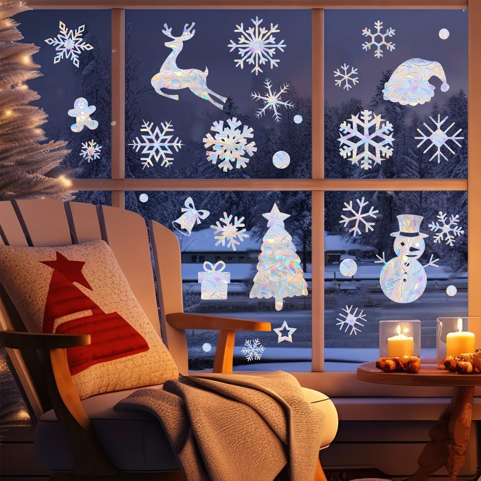 BSITSSS Christmas Window Stickers, 4 Sheets Double Sided Christmas Window Decorations, PVC Glass Stickers for Windows, White Snowflake Window Sticker, Reusable Window Clings for Xmas Window Decoration