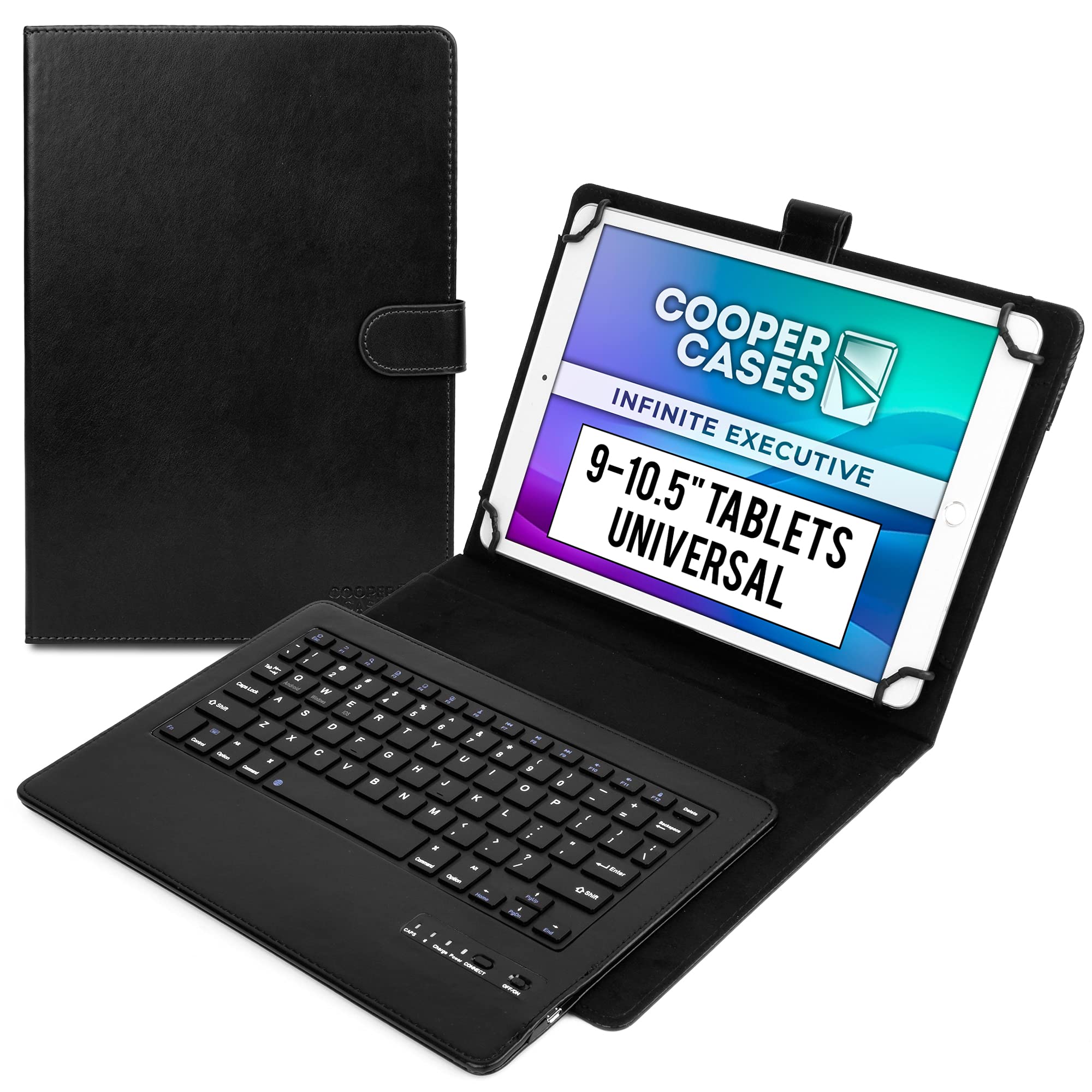 Cooper Infinite Executive Keyboard Case for 9-10.5 inch tablets | Universal Fit | 2-in-1 Bluetooth Wireless Keyboard & Leather Folio Cover (Black)