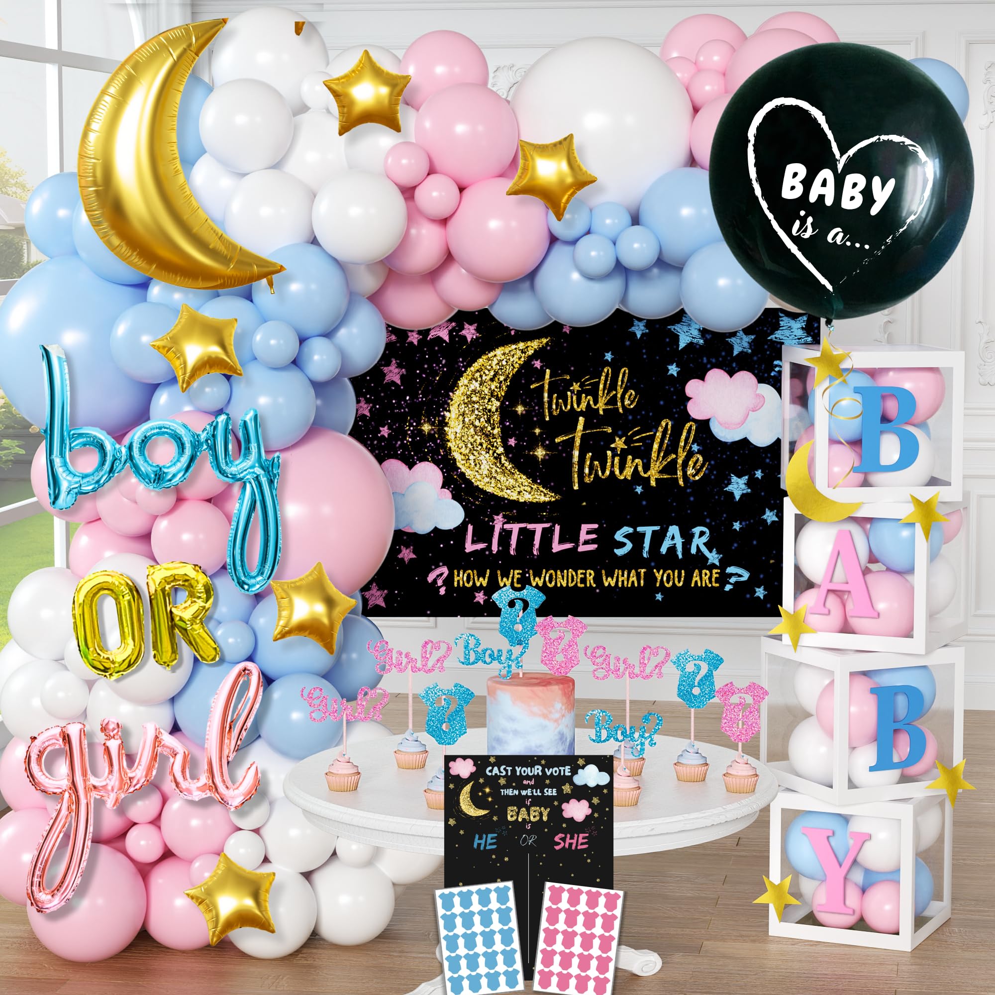Photo 1 of 191 PC Premium Twinkle Twinkle Little Star Gender Reveal Decorations - Includes: Balloon Arch Garland - GIRL BOY Boxes - Gender Reveal Balloon - Cloth Backdrop - Games - Cupcake Toppers and More