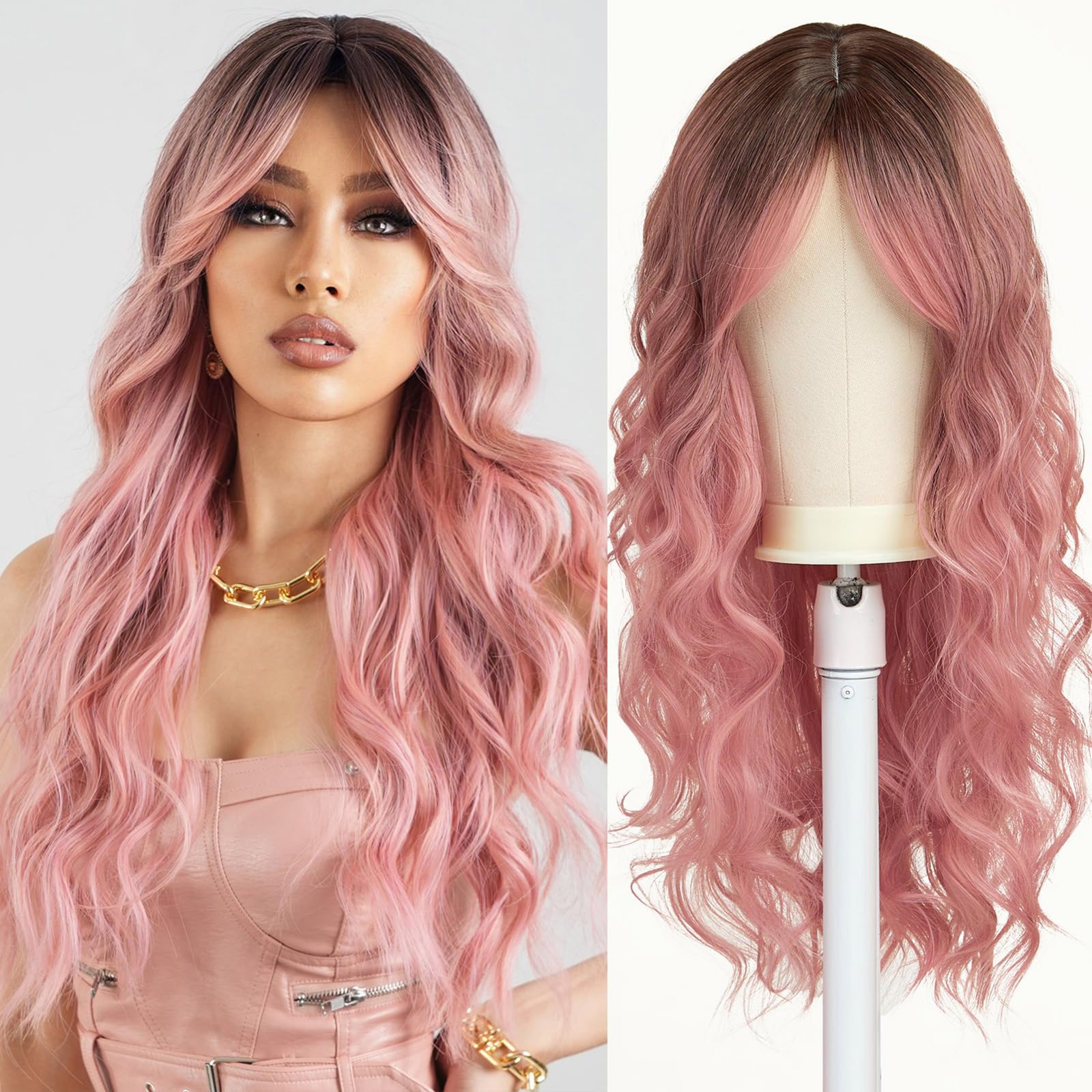 Esmee Long Wavy Pale Pink Wigs for Women Natuaral Synthetic Hair Heat Resistant Ombre Wig for Daily Party Cosplay Use — image 1