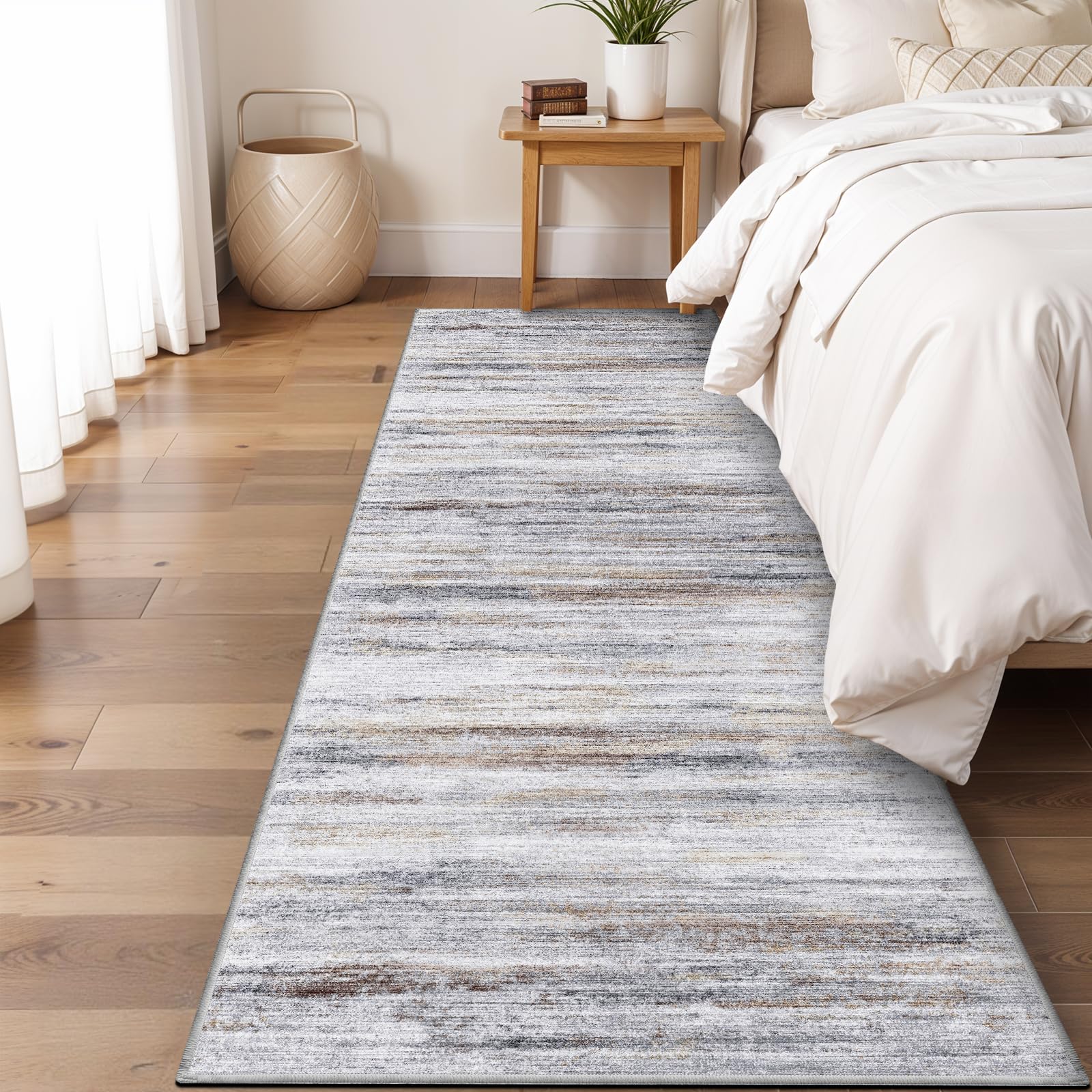 Photo 1 of 3x8 Washable Runner Rug for Family: Easy-to-Clean Runners for Hallway Entryway Kitchen Bedroom - Stain and Water Resistant Rugs with Non-Slip Backing - Soft Low-Pile Carpet Beige Grey