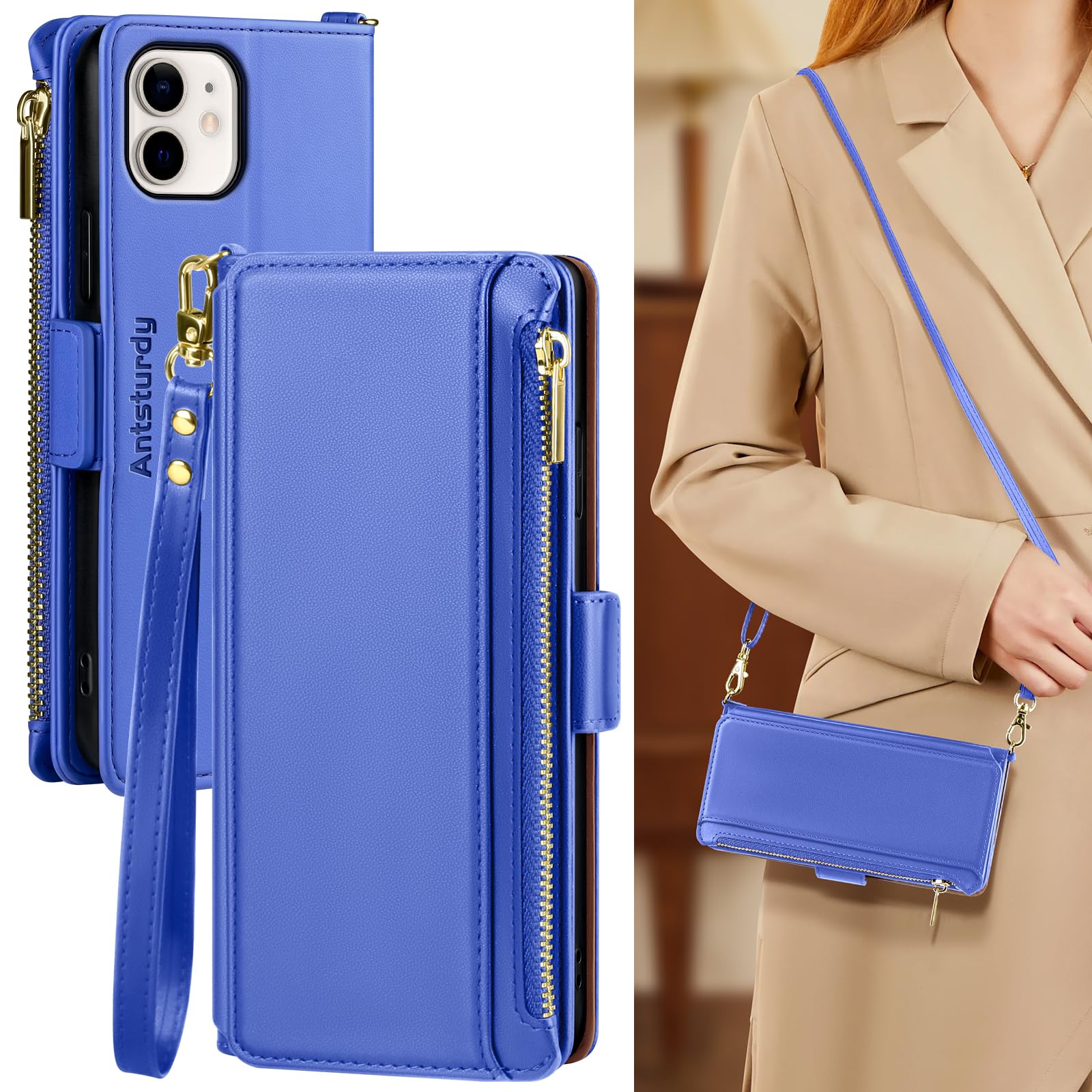 Antsturdy Compatible with iPhone 11 Wallet Case,RFID Blocking PU Leather Crossbody Phone Case Women Men Zipper Wrist Strap Shockproof Flip Cover Credit Card Holder Slots,for Apple 11 6.1" Purple Blue