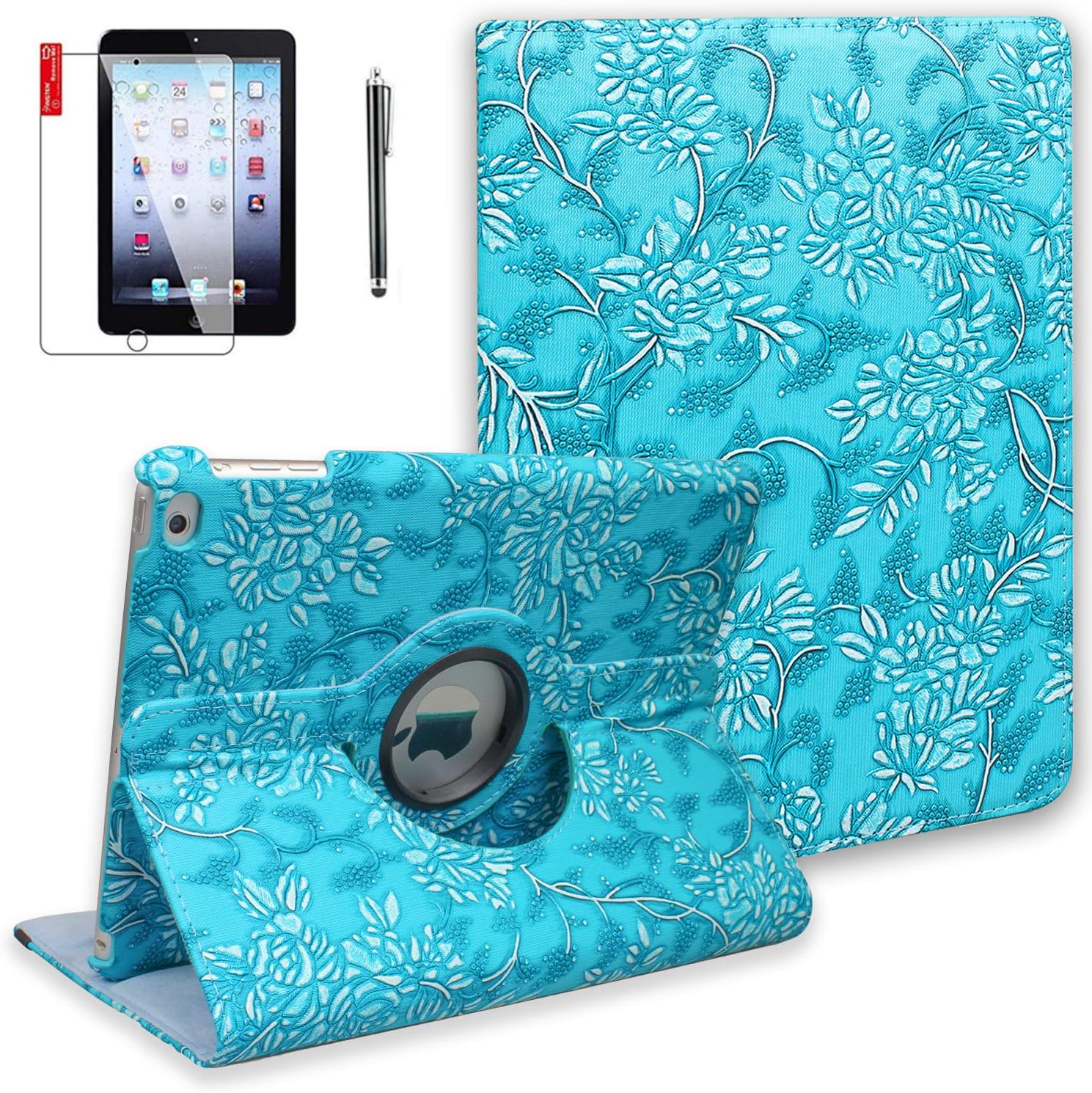 NEWQIANG iPad 9.7 inch 2nd 3rd 4th Generation Case with Screen Protector and Stylus- Model A1395 A1416 A1458 - Shockproof, 360 Degree Rotating Stand, Auto Sleep Wake -MD510LL/A(Embossed Flower)
