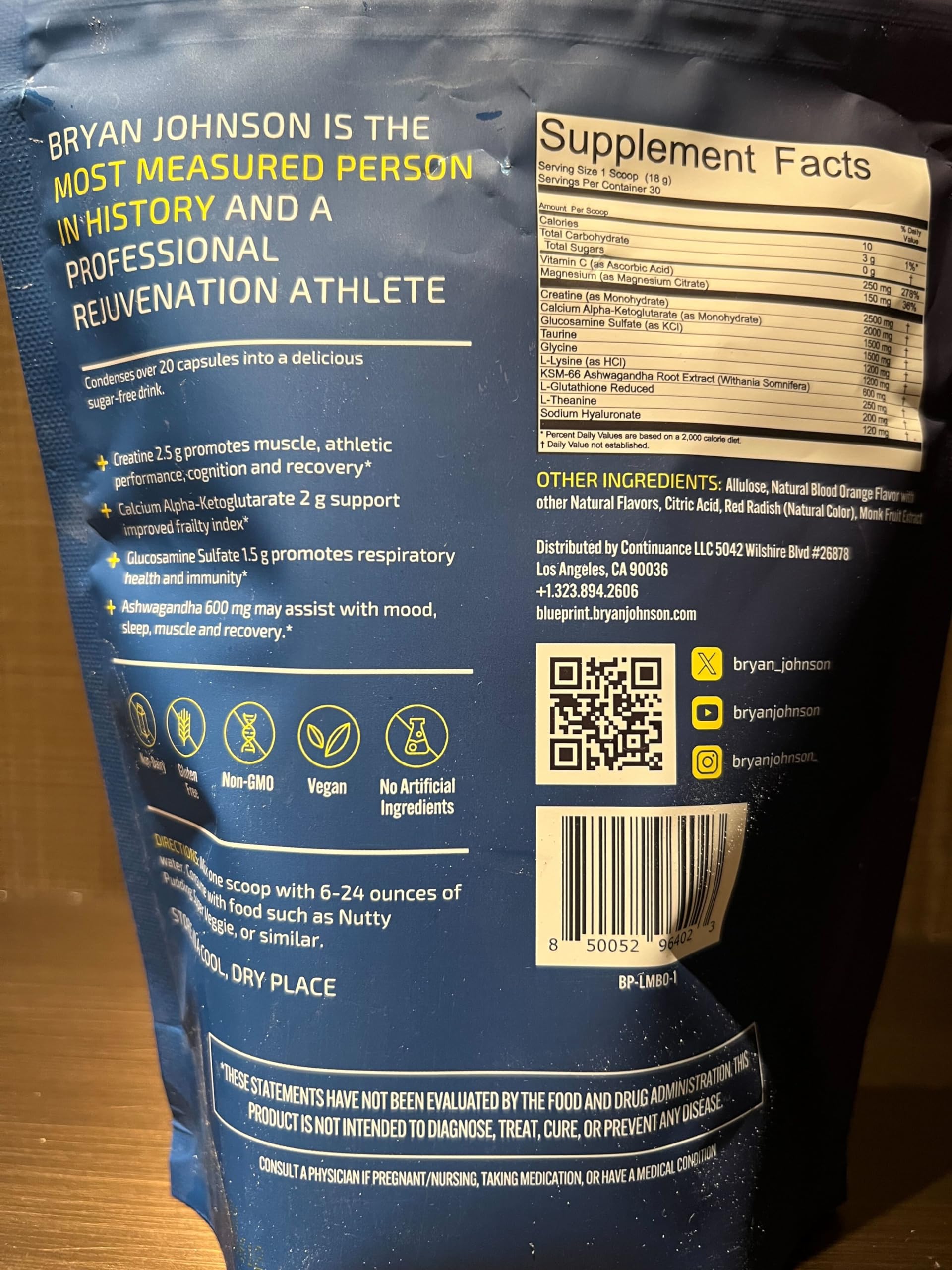 Blueprint Bryan Johnson Longevity Mix - Muscle Builder & Recovery Supplement - Promotes Focus and Balanced Mood - Magnesium, Creatine, L-Theanine, Glutathione & Vitamin C- 30 Servings, Blood Orange