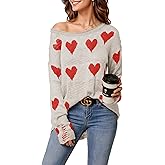 Valentines Heart Sweater for Women Crewneck Long Sleeve Knitted Cute Sweaters Shirts Ripped Hem Red Tops