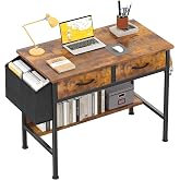 MUTUN 31" Small Computer Desk with 2 Drawers, Space Saving Home Office Desk for Bedroom, Kids Study Writing Table with Side Pocket &amp; Hook, Compact Desk for Small Spaces, Brown