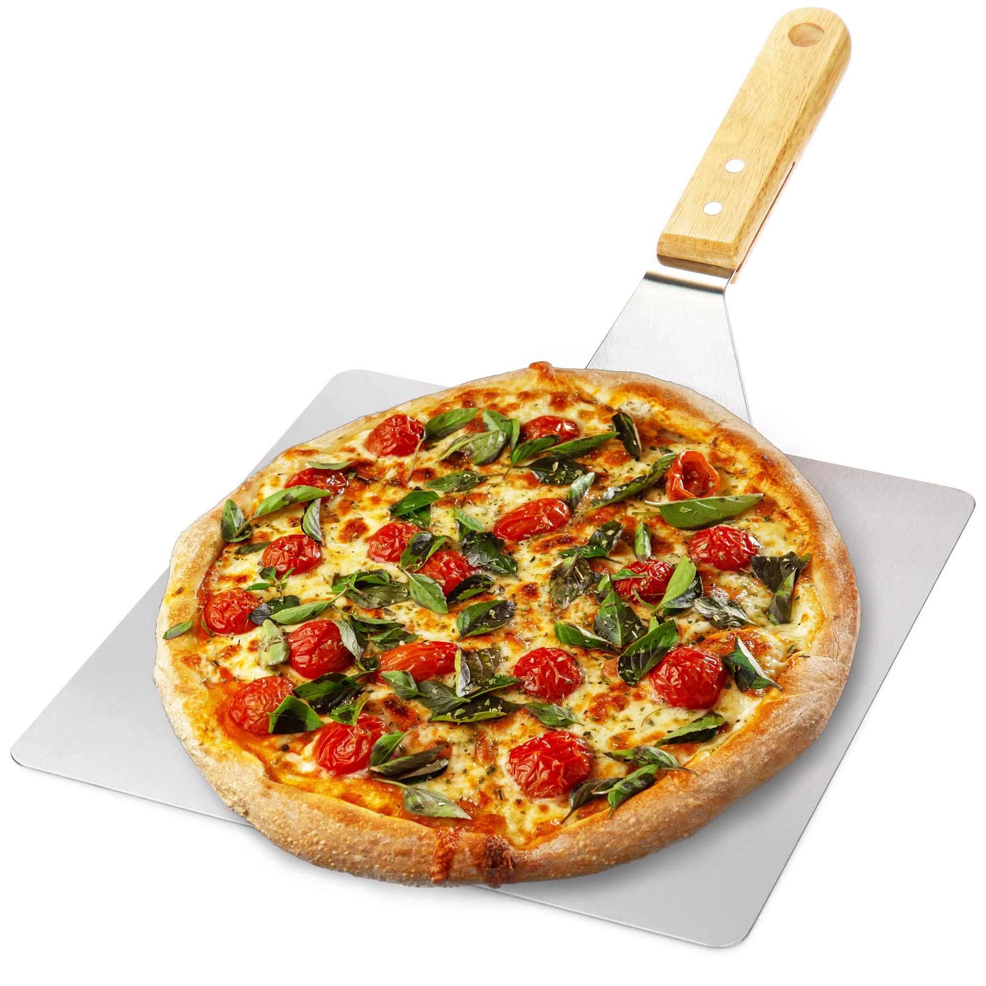 COM-FOUR® Pizza Shovel Made of Stainless Steel - Pizza and Cake Server with Wooden Handle - Pizza Pusher for Pizza, tarte flambée, Rolls and Bread (Silver/Brown - Angular)
