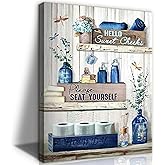 BJVJKSU Navy Blue Bathroom Decor Wall Art Rustic Blue Bathroom Canvas Wall Decor Please Seat Yourself Sign Print Painting Vintage Aesthetic Picture Artwork Decor(12x16in)