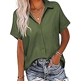 HOTOUCH Linen Button Down Shirt Women Short Sleeve Cotton Blouses V Neck Collared Summer Beach Tops S-2XL