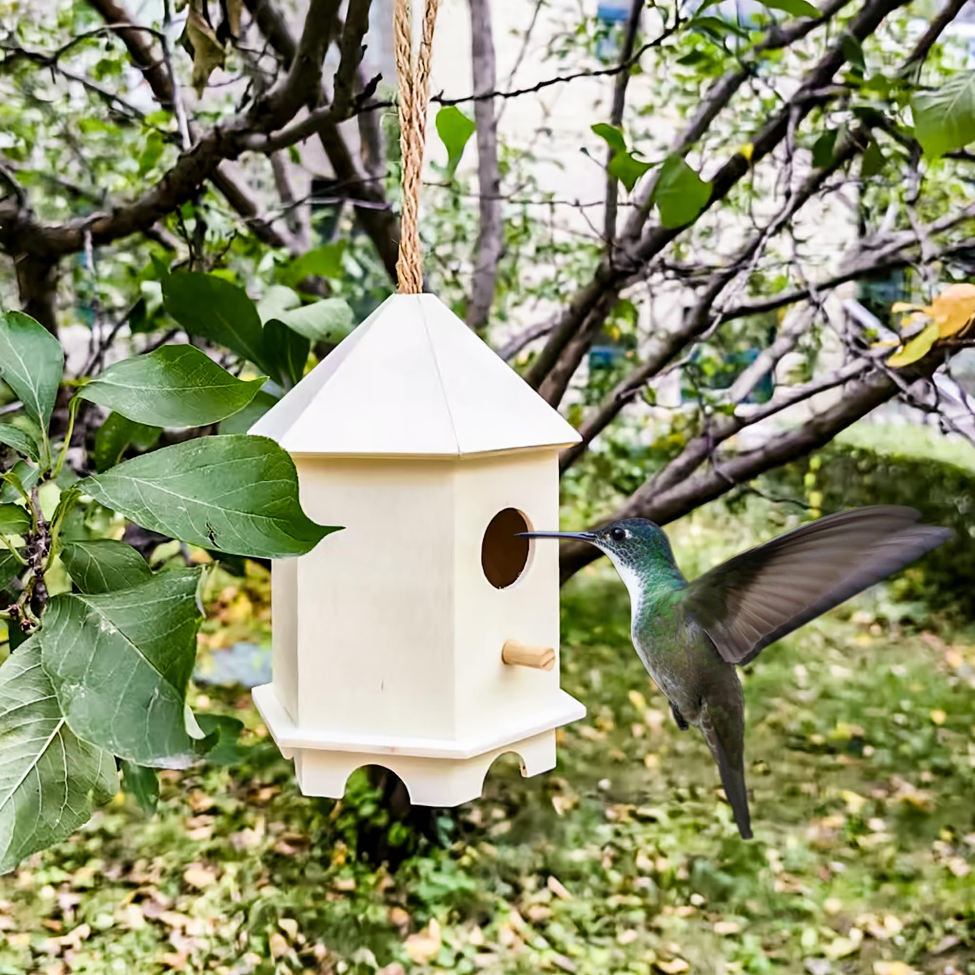 YCHTEWY-DIY Wooden Bird House,Wild Bird Feeder, Hanging Birdhouse Attract Birds & Beautify Your Yard! (Cream, D)