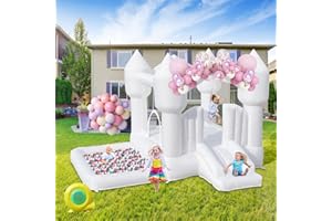 FINCOME Inflatable Bounce House for Kids, White Bounce House with Slide, Jumping Bouncy Castle for Kids Birthday Party, Wedding, Backyard Indoor/Outdoor White (with Blower)