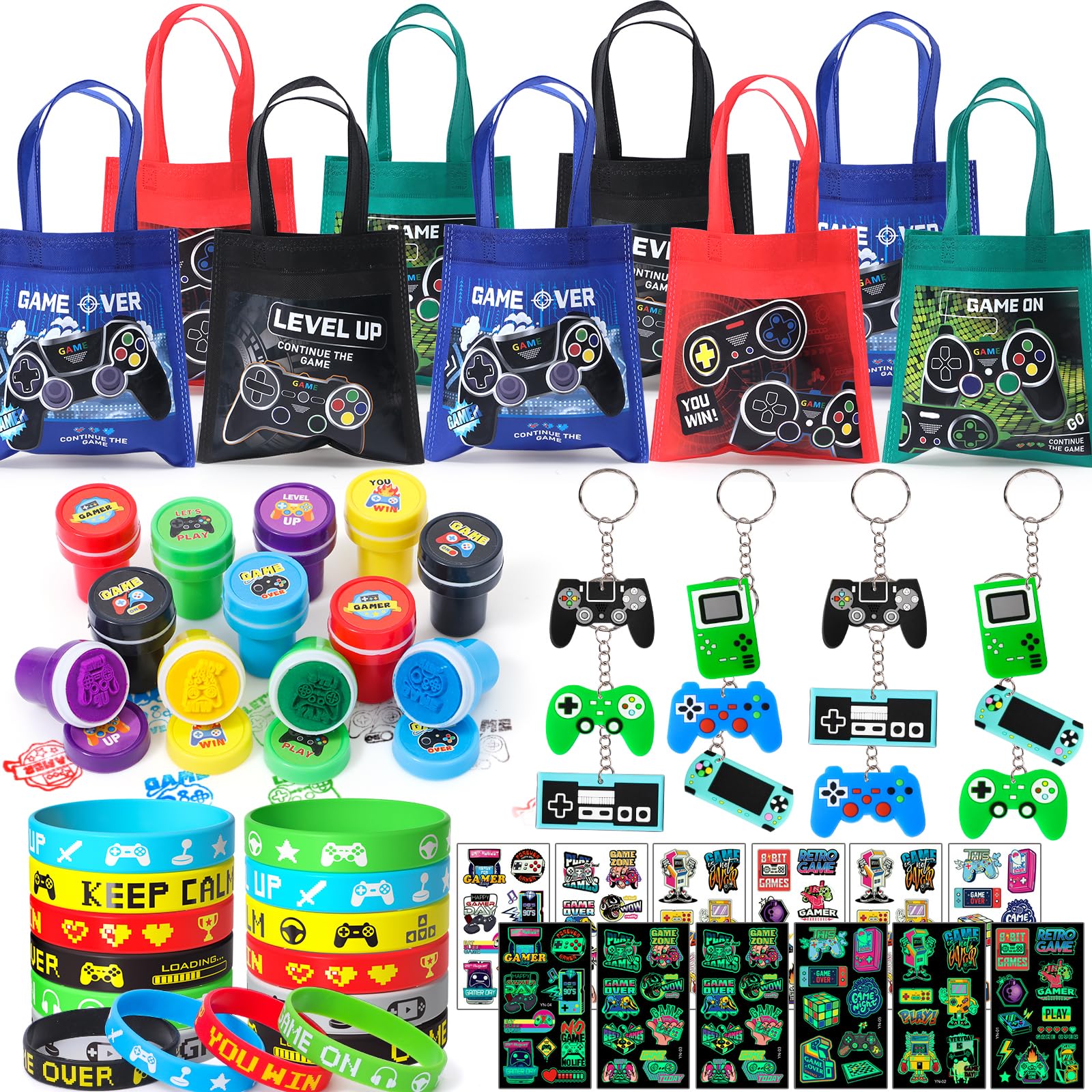vamei 60PCS Gaming Party Bag Fillers with Miner Party Bags Keychain Silicone Bracelet Tattoo Stamp Stickers Miner Party Favours Gaming Party Supplies Pinata Goodie Bag Fillers for Kids Boys
