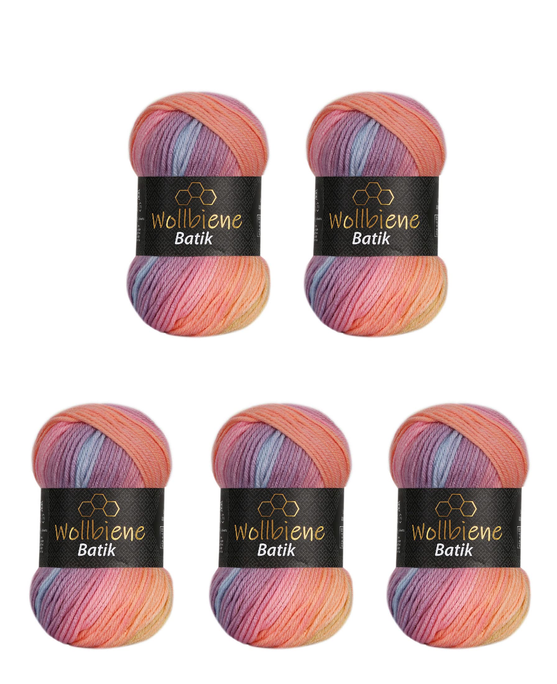 5 x 100 g Wollbiene Batik, 500 g Wool with Colour Gradient, Multicoloured Knitting Wool, Crochet Wool (2020 Yellow, Orange, Berry)