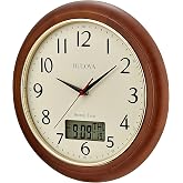 Bulova C5006 Dual Time 12.5&rdquo; Atomic Wall Clock &ndash; Solid Pine Wood Case, Gold Bezel, Convex Glass, Radio-Controlled Time, LCD Second Time Zone/Temperature Display