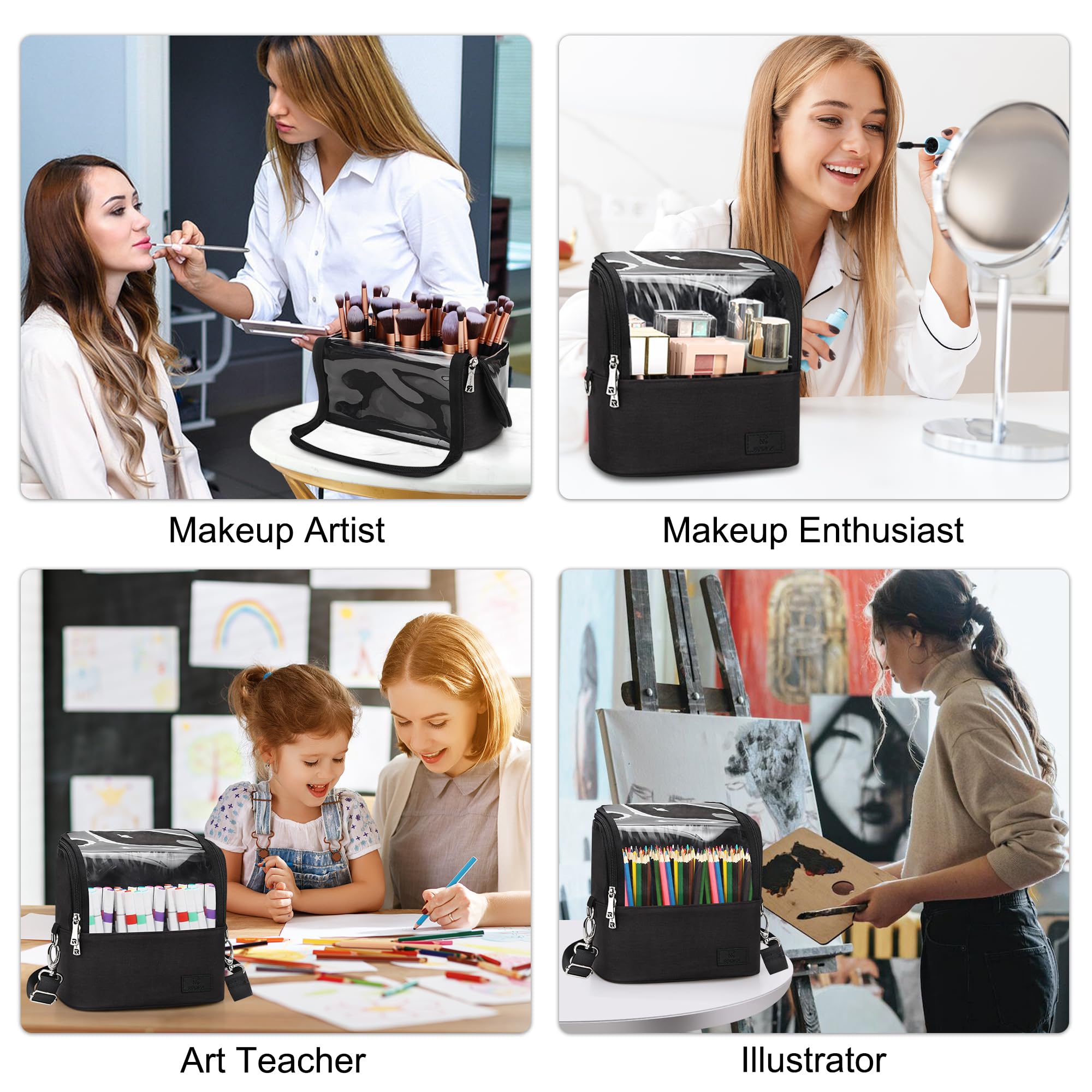 Makeup Brush Case Stand-up Makeup Cup Travel Professional Cosmetic Bag Artist Storage Bag Large Makeup Brush Bag with Adjustable Divider (Large, Black)