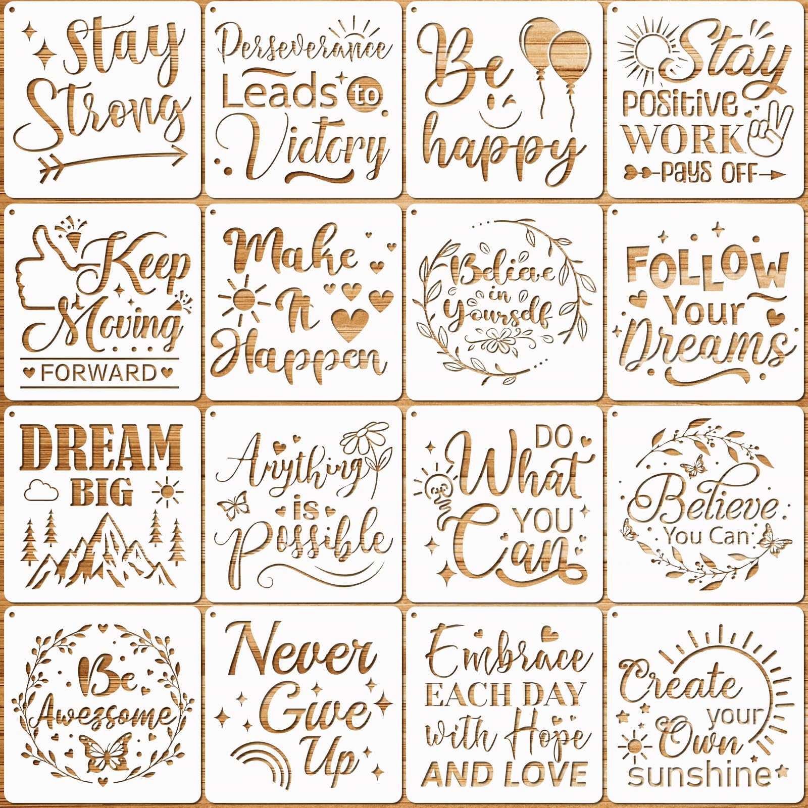 JSRQT 16Pcs Inspirational Word Stencils for Painting, Plastic Reusable Stencil Template for Craft, Motivational Quotes Drawing Painting Stencils Kit for DIY Wood Wall Home Decor Card Making