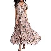 Women's Floral Maxi Dresses Casual Long Summer Boho Beach Dress Short Sleeve Button Up Split Party Dress