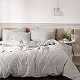 JELLYMONI Bedding Duvet Cover Set, 100% Natural Cotton 3pcs Striped Duvet Cover Sets, White Duvet Cover with Grey Stripes Pattern Printed Comforter Cover, with Zipper Closure & Corner Ties(Queen Size)