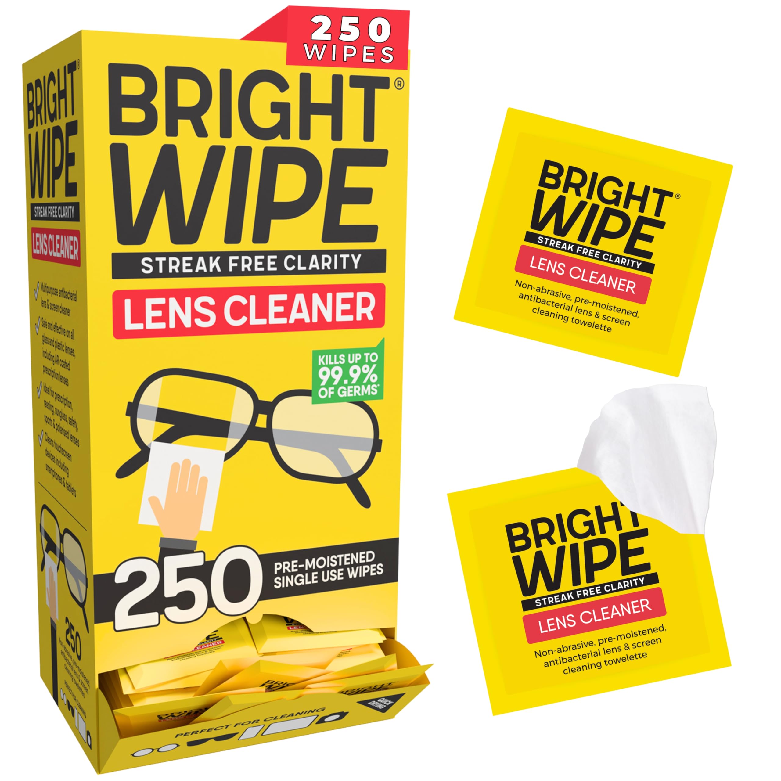 BRIGHTWIPE Lens Cleaner, 250 Individually Wrapped Glasses Wipes – Streak-Free Cleaning for Eye Glasses, Spectacles, Screens, Laptops, Phones & Cameras – Quick-Drying, Safe for All Lenses