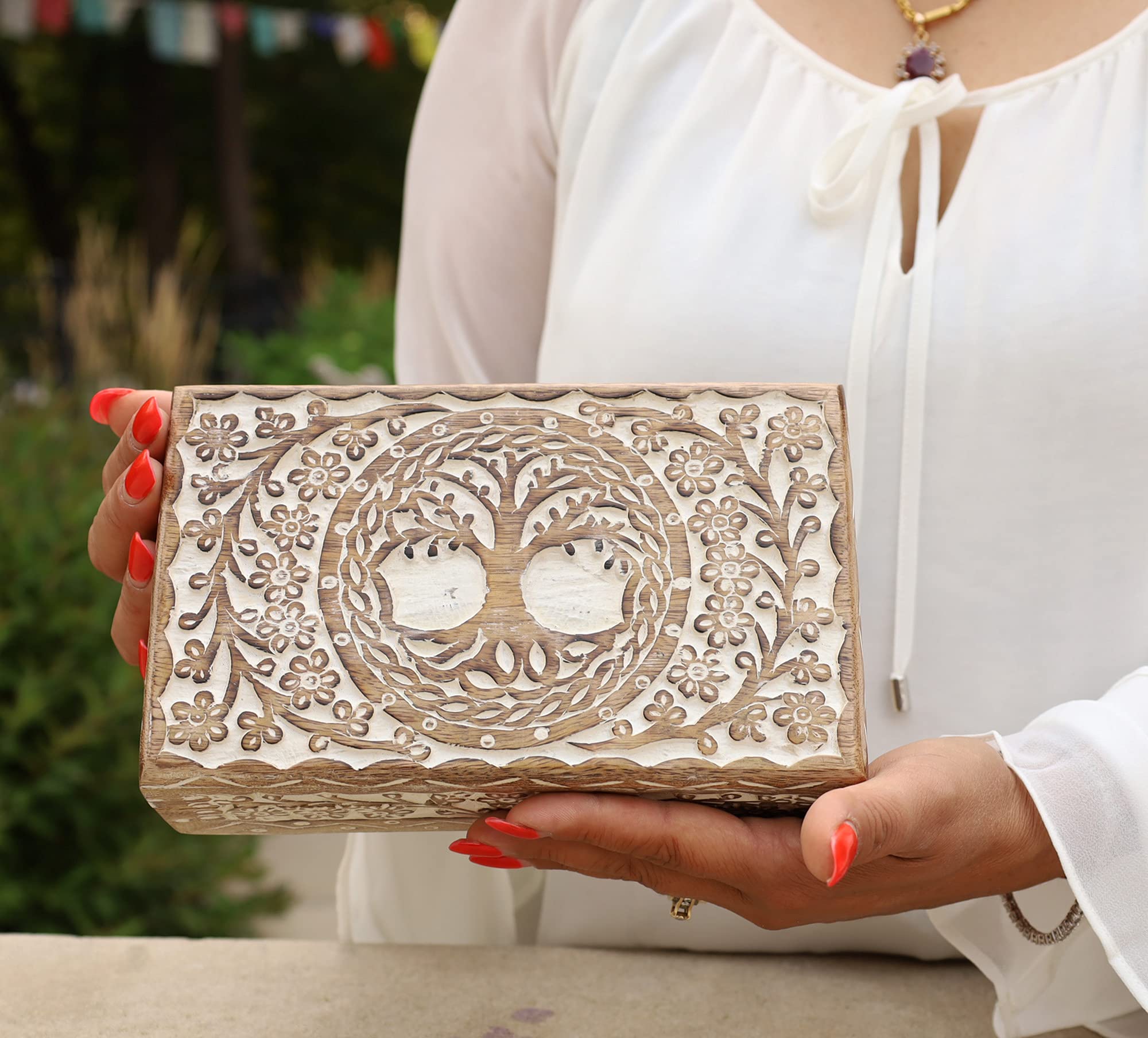 DharmaObjects Large Hand Carved Tree of Life Wooden Box Keepsake Storage Multi Utility