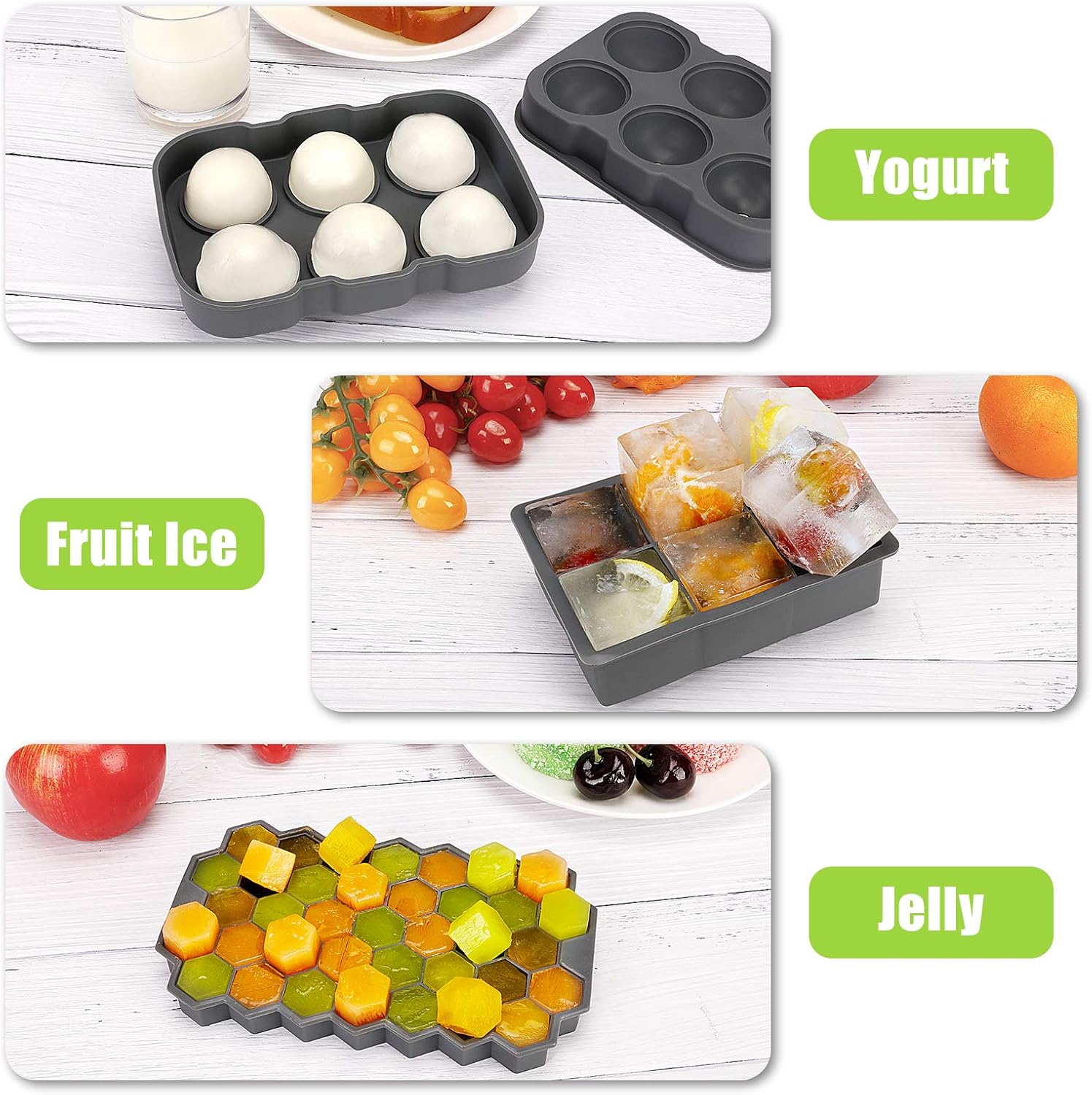 Ice Cube Tray, AiBast Ice Trays for Freezer With Lid, 3 Pack Silicone Large Round Ice Cube Tray, Sphere Square Honeycomb Ice Trays for Whiskey With Covers&Funnel, Reusable Whiskey Ice Ball Mold Grey: Kitchen & Dining