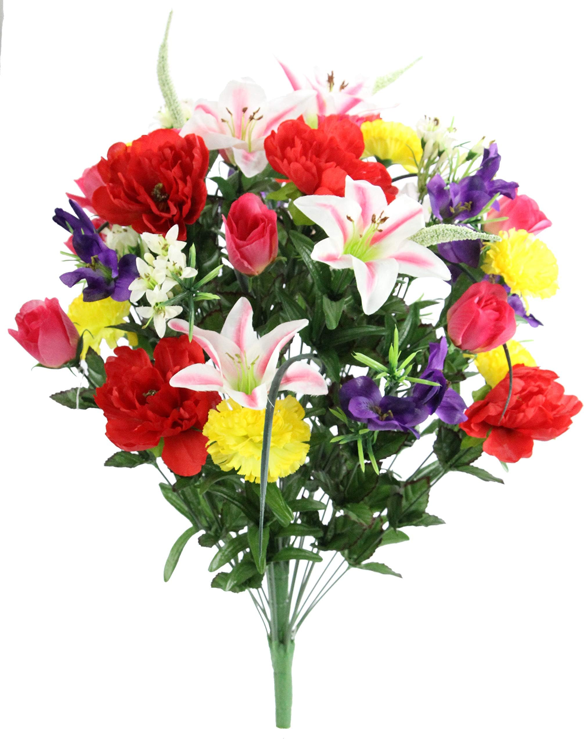 Admired By Nature40 Stem Artificial Flowers Roses Lily Peony Mixed Bush Spring Faux Flower Arrangement for Outdoor & Indoor Wedding Home Decor, Cemetery Decorations for Grave, Spring