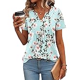 Zeagoo Womens Short Sleeve Tops Summer Henley V-Neck Tshirts Casual Pleated Blouse Dressy Loose Floral Basic Tee