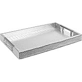 Modern Elegant 17.5"x12" Rectangle Glossy Silver Crocodile Faux Leather Tray Decorative Ottoman Coffee Table Display Perfume Dresser Kitchen Serving Tray with Silver Metal Handles by Home Redefined