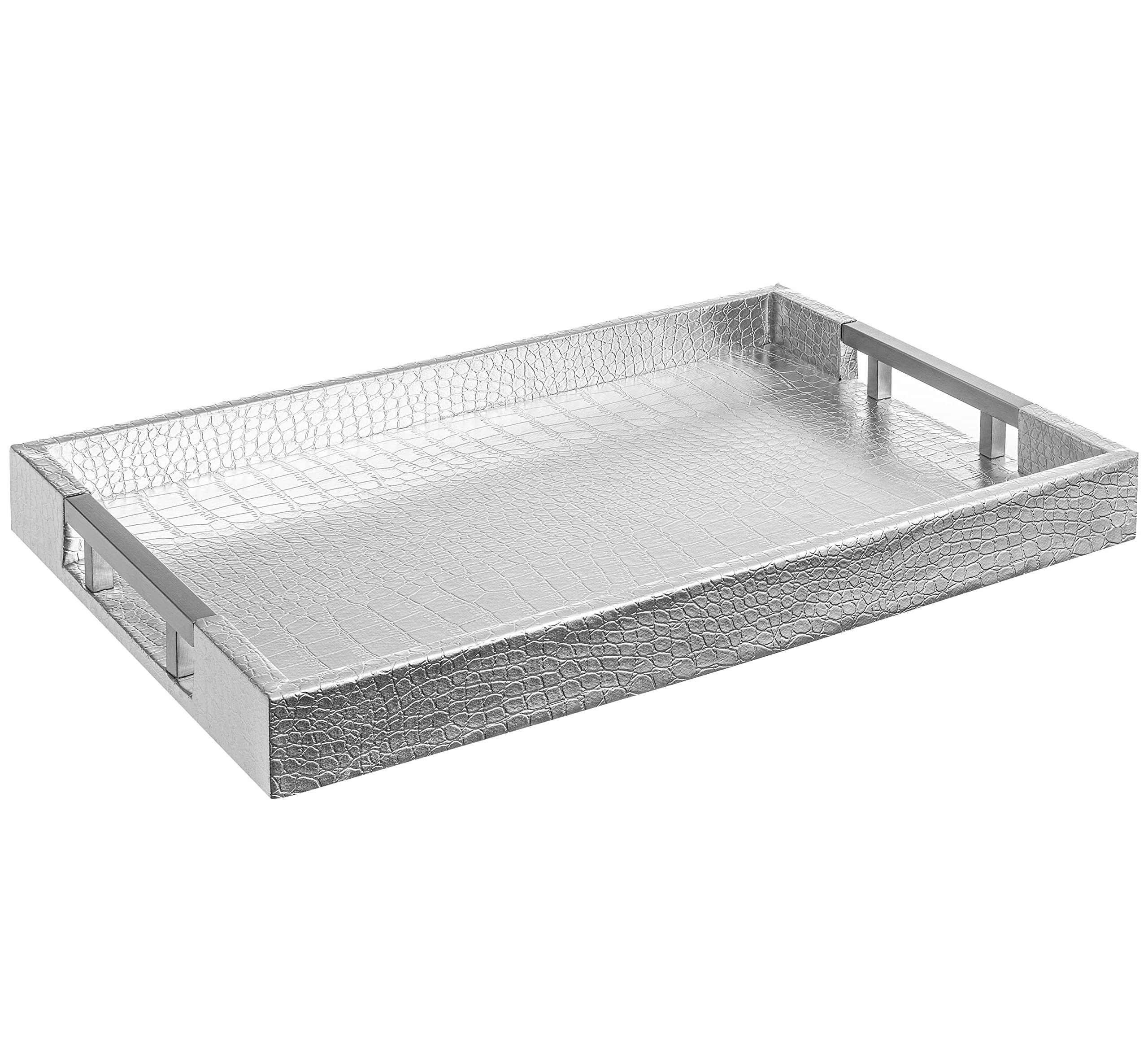 glossy silver crocodile faux leather ottoman tray, 17.5 by 12 inch