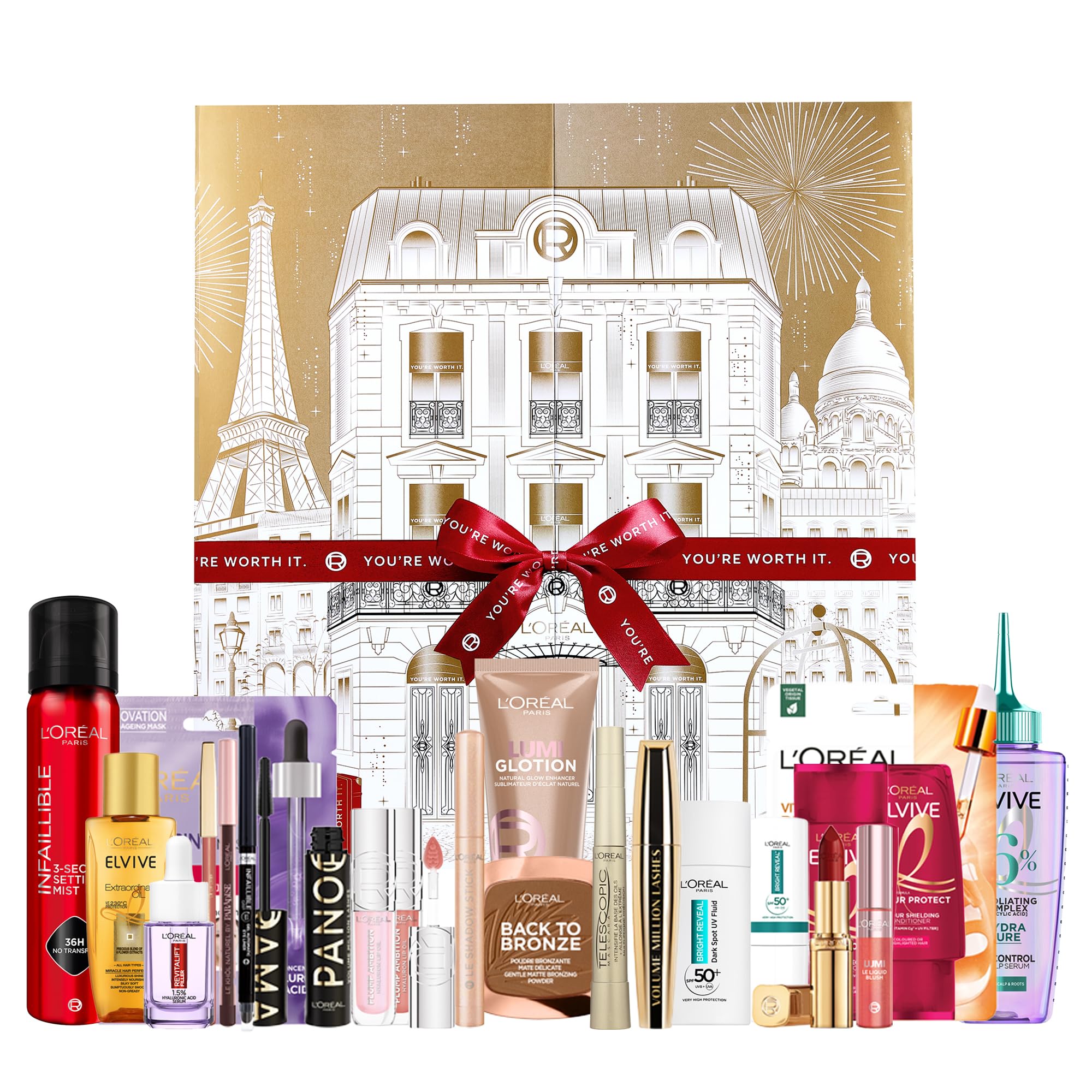 L'Oréal Paris Gift Set, 24 Beauty Iconic Makeup, Skincare & Haircare Favourites, Giftset with Mascara, Lip Gloss, Lipstick, Skin & Hair Essentials, Worth Over £240