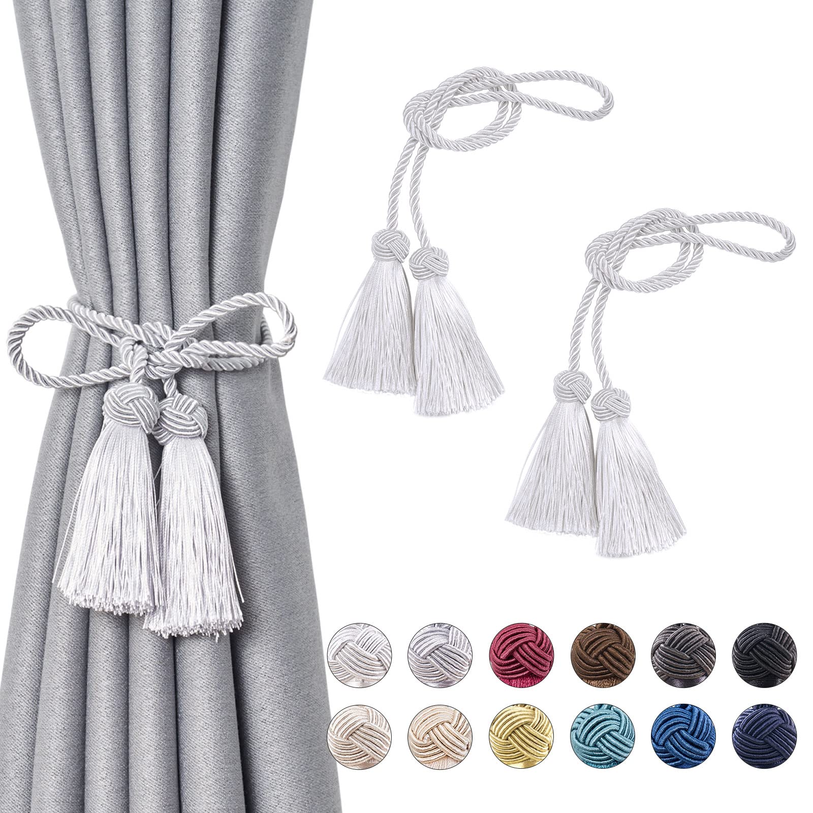 Pretty Jolly 2 Pack Double-ended Tassel Curtain Tiebacks Handmade Braided Rope Knot Drape Tie Backs European Style Decorative Curtain Holdbacks for Home & Office Window Drapery (Silver Grey)