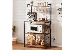 SNTD Standing Baker's Rack Coffee Bar Table - 4 Tiers Kitchen Microwave Stand with 6 Hooks, Kitchen Storage Shelves Rack，Rustic Brown