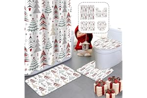 MEHOFOND 4pcs Christmas Shower Curtain Sets Xmas Tree Shower Curtain Sets Christmas Bathroom Sets with Shower Curtain and Rugs Toilet Lid Cover and U Shape Mat Washable 72"x72"