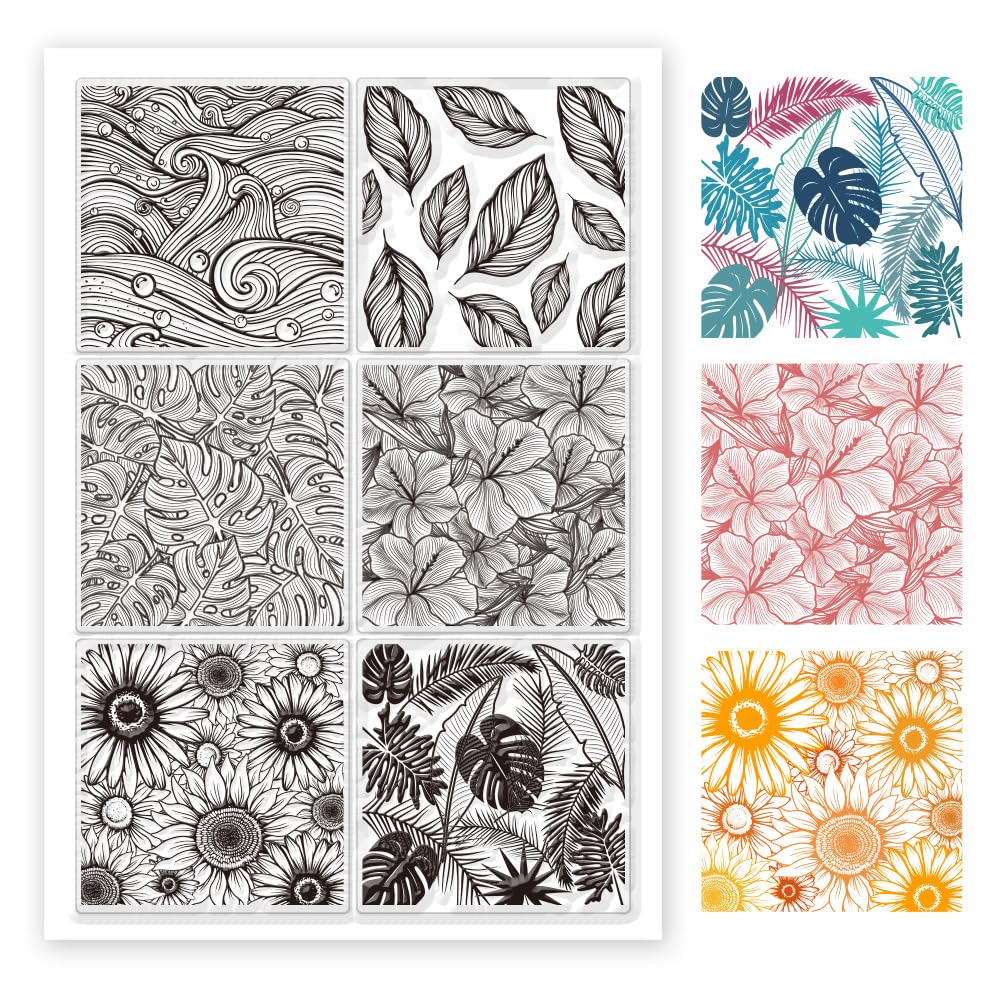 ORIGACH 6 Styles Large Background Clear Stamps for Cards Making, Waves Tropical Leaves Sunflower Hibiscus Background Silicone Stamps for DIY Scrapbooking Bullet Journaling Photo Album, 29.7x21cm
