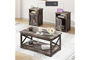 AMERLIFE 3-Piece Farmhouse Table Set Includes Coffee Table& Two End Tables, Side Table with Charging Station and USB Ports, for Living Room, Dark Oak