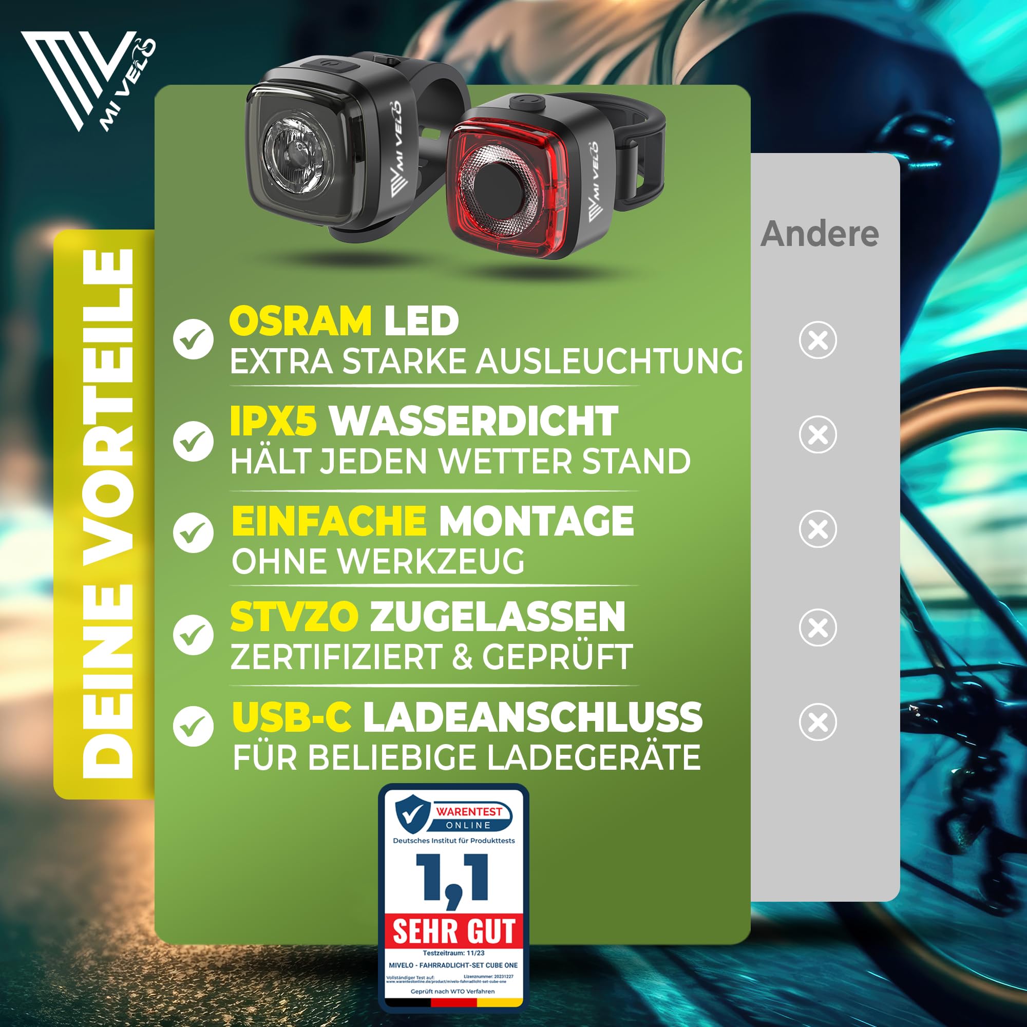 MIVELO Cube ONE Fahrradlicht Set StVZO zugelassen Fahrradbeleuchtung USB-aufladbar & 100% wasserdicht LED Fahrrad Licht vorne & hinten Rücklicht, Fahrradlampe 6
