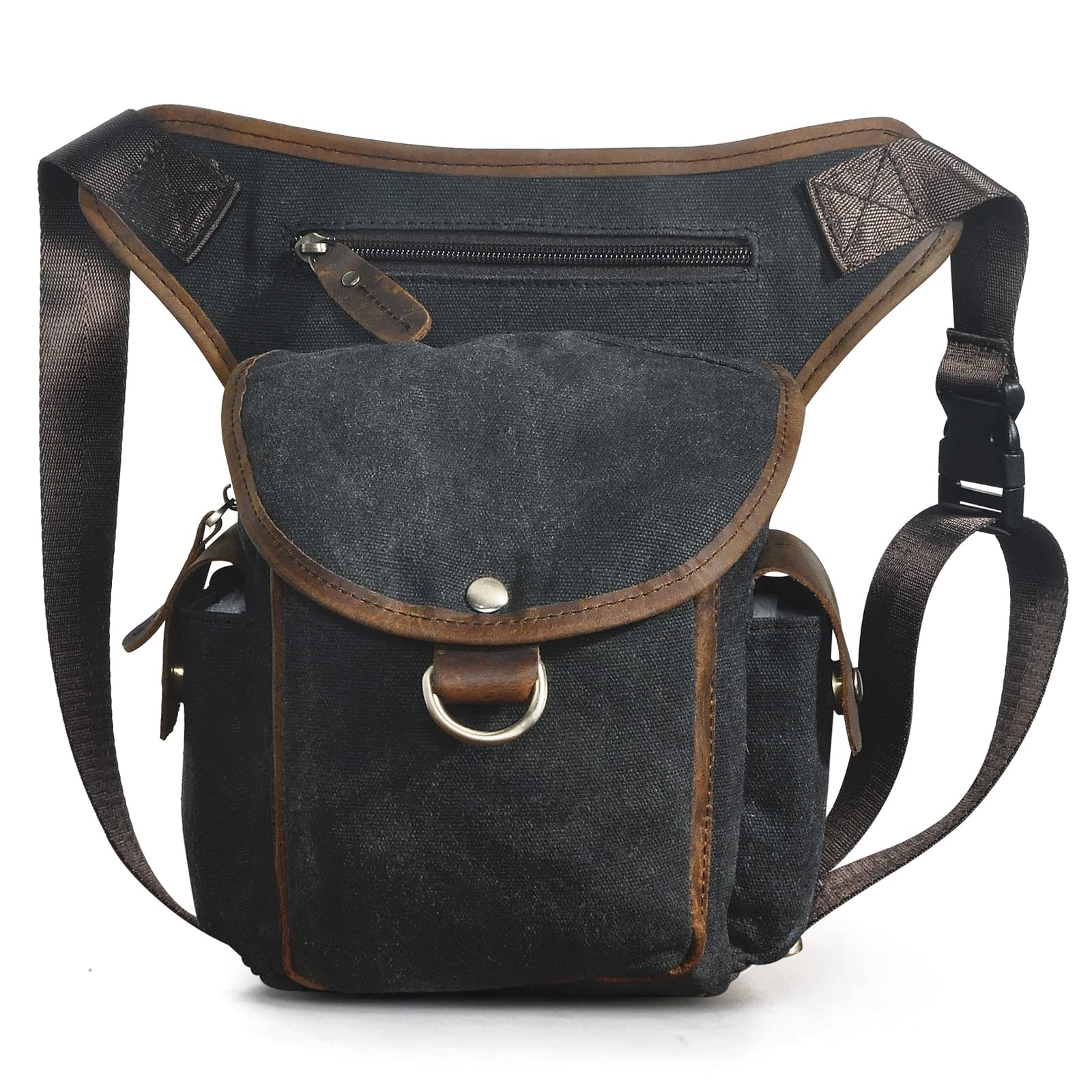 Le'aokuu Men Canvas and Genuine Leather Messenger Waterproof Shoulder Bag Motorcycle Tactic Fanny Belt Waist Bag Pack Pouch Drop Leg Bag 9938 (Black)