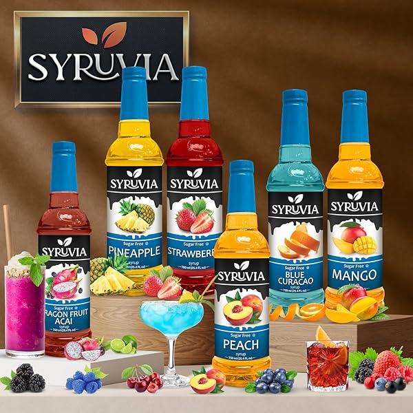 SYRUVIA SUGAR-FREE PEACH SYRUP, FLAVORED SYRUP FOR DRINKS, COCKTAILS, LEMONADES, ICED TEAS, AND DESSERTS – 25.4 FL OZ
