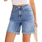 Vetinee Jean Shorts Womens High Waisted Fold Hem Stretchy Long Denim Shorts Mid Thigh Summer Casual Jorts 7 Inch Inseam