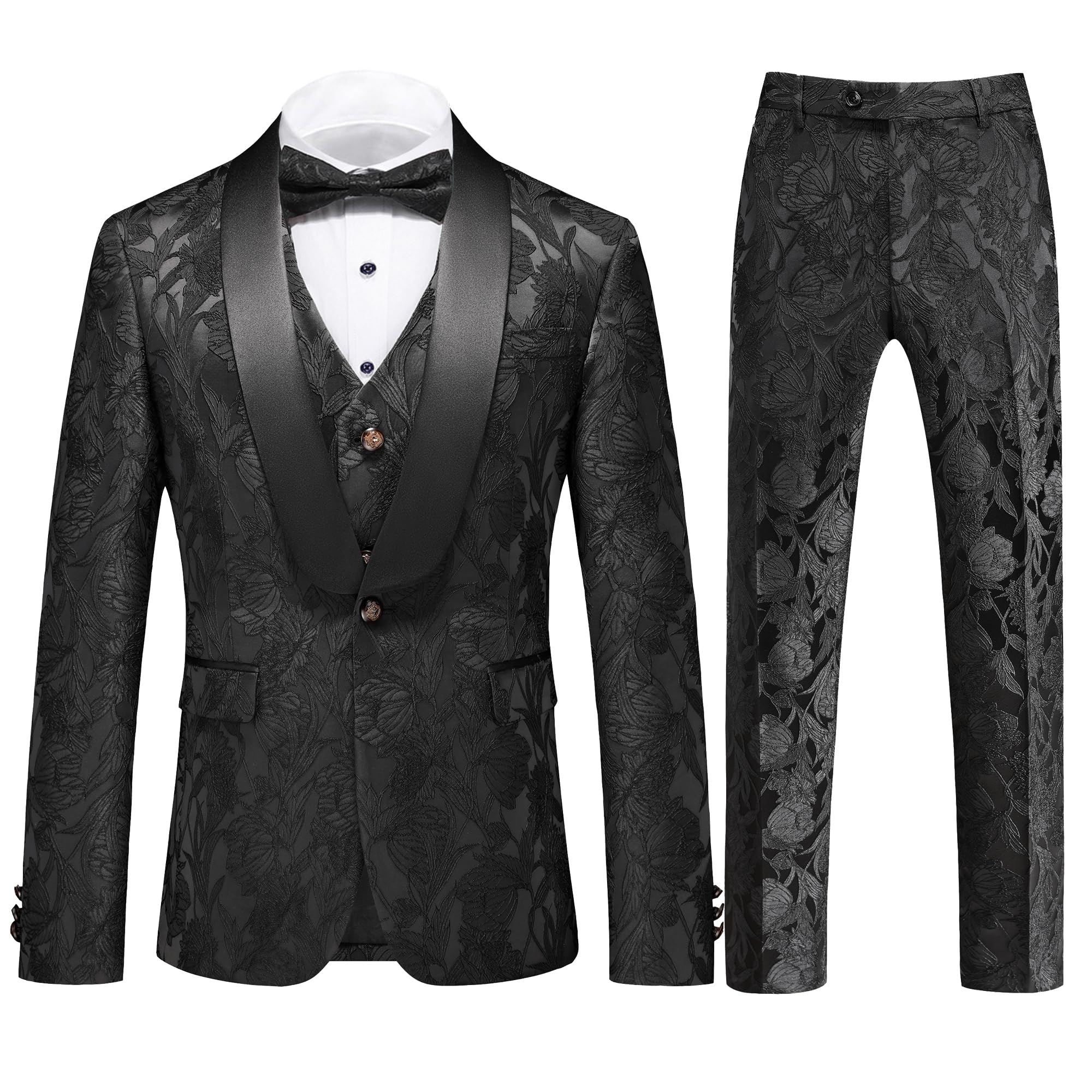 Photo 1 of UNINUKOO Mens Suits 3 Piece 1 Button Prom Floral Wedding Shawl Lapel Casual Tuxedo Suit Set US Size 34 Black Flower