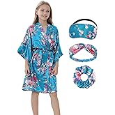 IVRRISS Kid Girls Silky Kimono Robes Party Set with Floral Patterns for Spa Brithday Wedding Short Robes