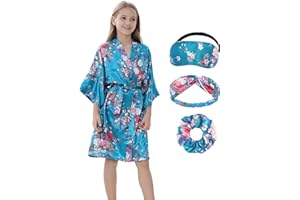 IVRRISS Kid Girls Silky Kimono Robes Party Set with Floral Patterns for Spa Brithday Wedding Short Robes